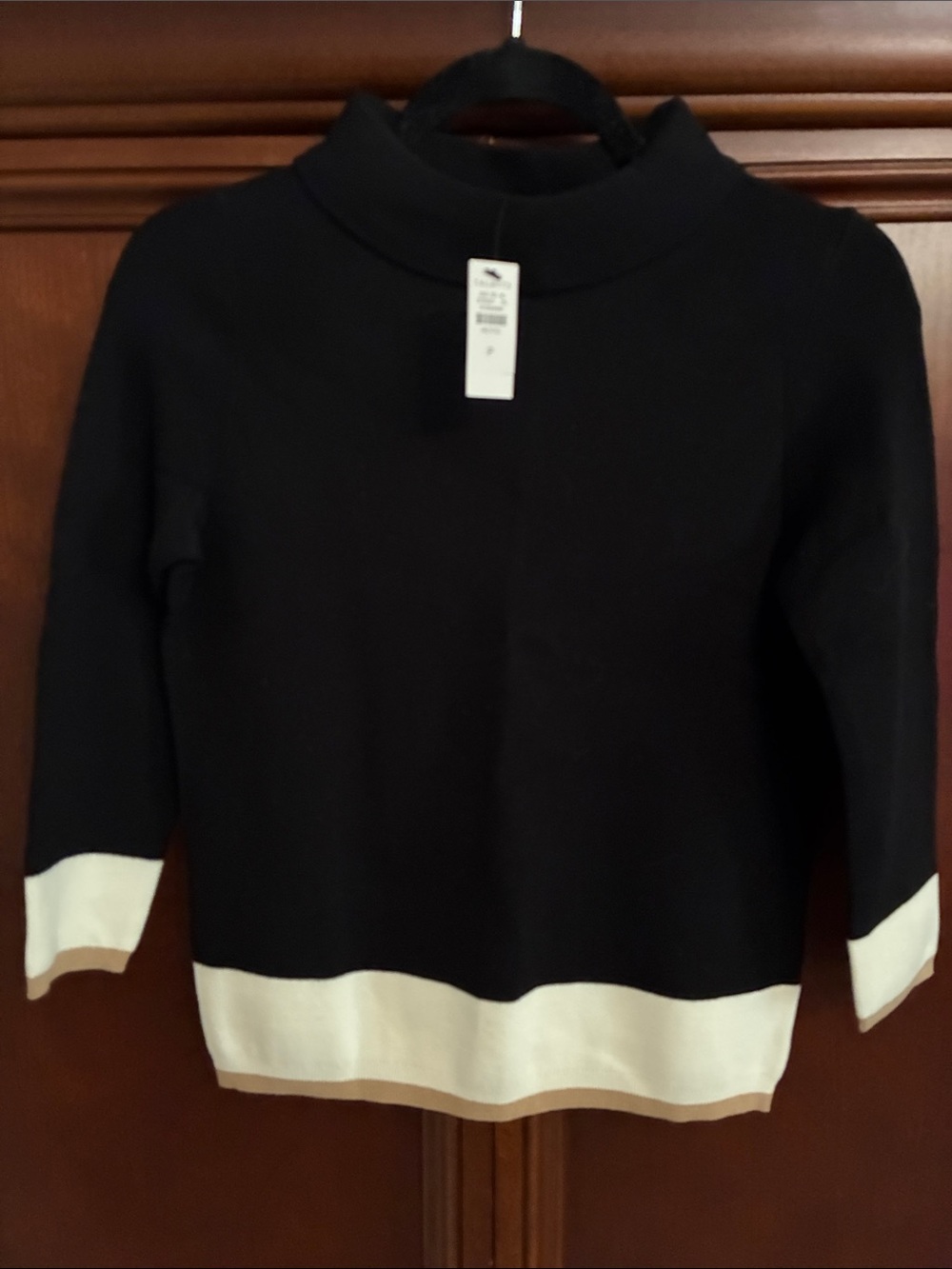 Talbots Women's Black Sweater with White and Tan Trim
